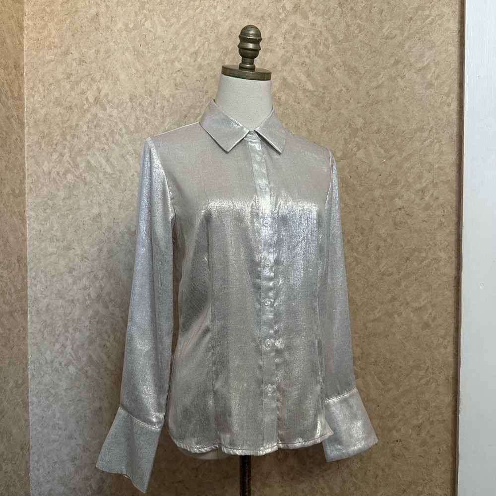 Anthropologie Greylin Silver Button Up Long Sleeve Dress Shirt Top